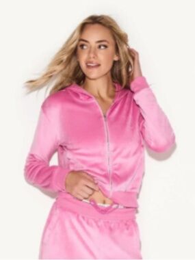 Playboy Barbie Pink Velour Zip Up Hooded Track Jacket Hoodie